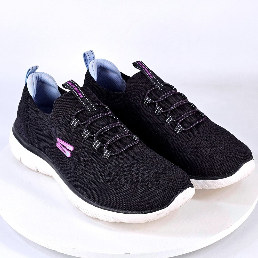 Skechers Sport Womens 6 Black Purple Knit Slip On Walking Shoes 150116 BKMT